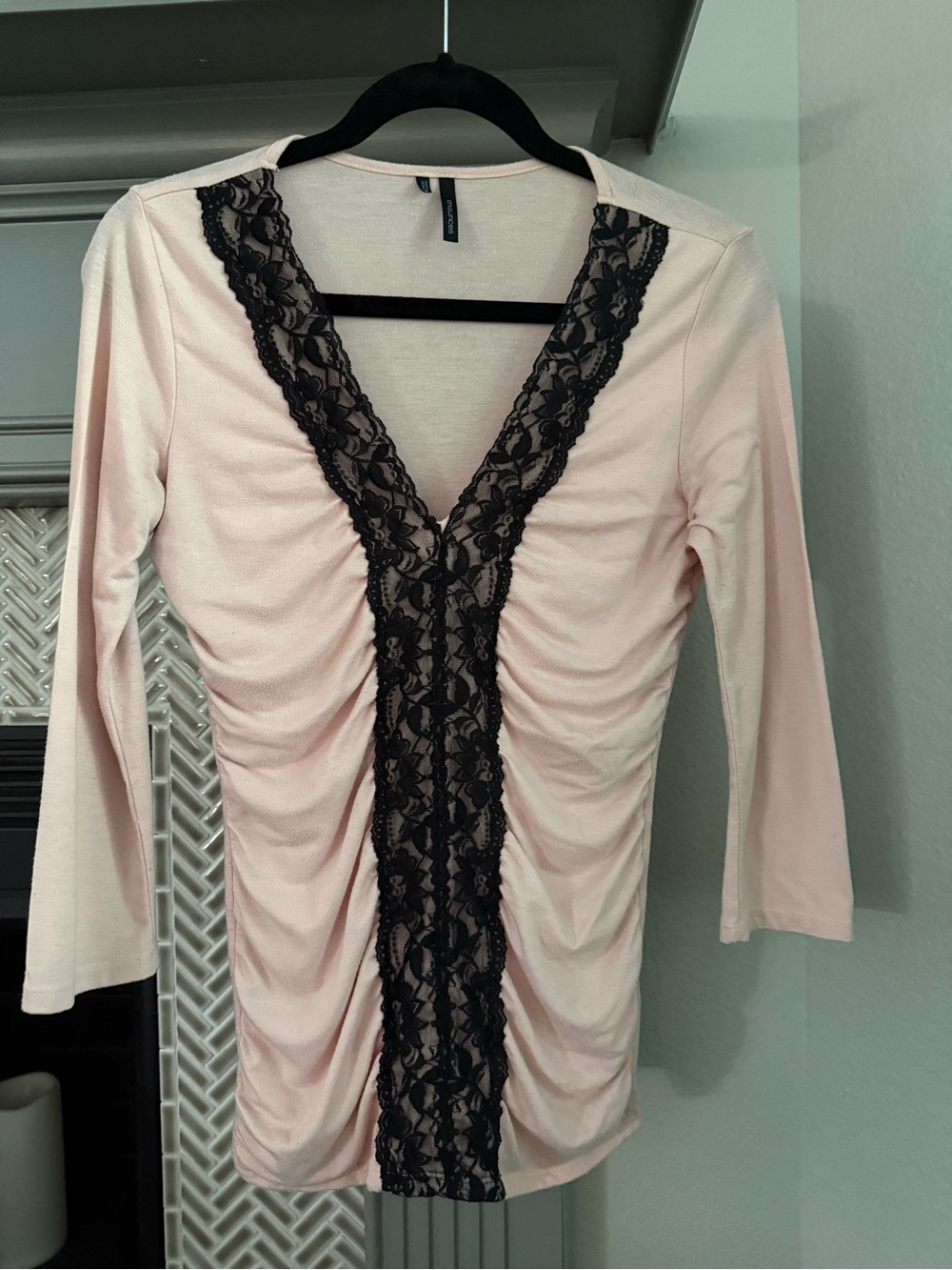 Maurices Blush Pink Top with Black Lace Trim